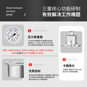 Manomètre à diaphragme en acier inoxydable YTP60ZBF, connexion à pince de 60 mm pour la mesure de la pression hydraulique, de l'air et de l'huile - Product Image 5