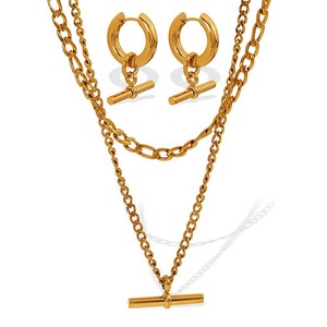 Conjunto de Joyería de Lujo de Doble Capa con Hebilla OT, Collar Apilable y Pendientes, Cadena Dorada Versátil para Clavícula de Mujer - Product Image 3