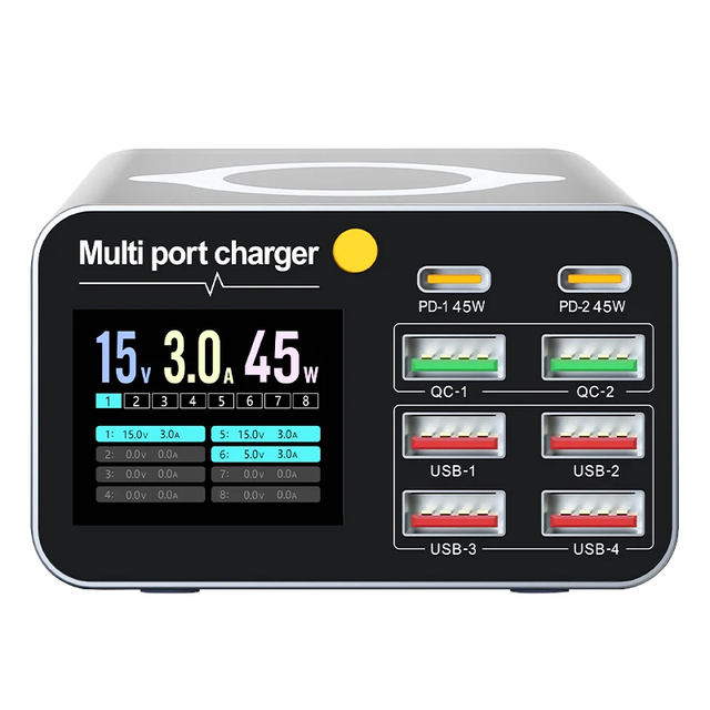 80W Color Display Multi-Port Charger - Simultaneous Wireless Charging for Smartphones/Laptops/Tablets