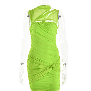 Asymmetrical Neckline Bodycon Dress High Waist Solid Color Cocktail Dress With <b>Perspective</b> Design FDC0282 - Product Image 5