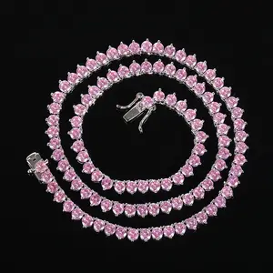 New product 4mm tennis chain Hip Hop Fashion Three Jaw Single Row Micro Insert CZ Pink Tennis Chain