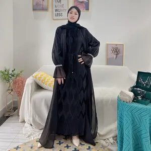 패션 이슬람 드레스 사용자 정의 abaya 도매 Loriya 우아한 카디건 organza 진주 블랙 abaya 겸손한 드레스