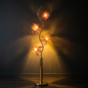 Eye-catching Lotus <b>Floor</b> <b>Lamp</b>, S-wave golden pole, four glowing lotus blooms, translucent acrylic shade, warm LED decor light - Product Image 1