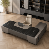 Ensemble de bureau de direction en forme de L de luxe moderne en bois d'ébène avec plateau de travail en cuir, éclairage LED, armoire latérale, certifié CE, OEM personnalisé