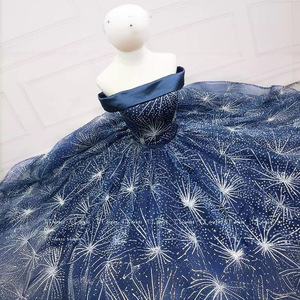 Off The Shoulder Evening Gown Dark Blue Sequins Glitter Full Length Formal Dress For Banquet Fashion Show Performance - Product Image 3