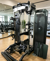 Station de musculation tout-en-un avec système de tirage croisé multifonction, barre de traction et rangement pour plaques de poids pour des entraînements complets du corps