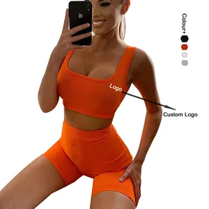 Custom Logo Vrouwen Geribbelde Biker Shorts Gym Sport Korte Legging Set En Yoga Beha Top Tank