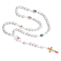 Chapelet Catholique, Collier Croix Jésus Pendentif, Perles Roses Blanches Plaqué Argent, Bijou Religieux, Cadeau Église, Vente en Gros