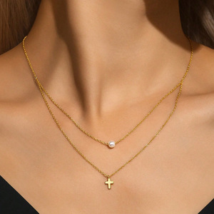 Ensemble de colliers superposés en acier inoxydable plaqué or 18 carats pour femmes - Chaîne à maillons géométriques et bijoux minimalistes avec perles - Product Image 3