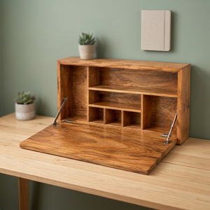 Bureau mural rabattable en bois de manguier |   Meuble de bureau flottant artisanal à un seul niveau, design moderne du milieu du siècle, fonctions de rangement - Product Image 2