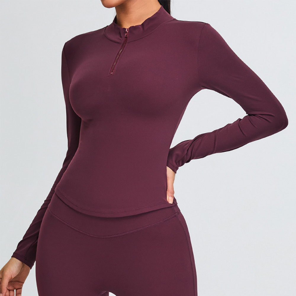 Quick Dry Yoga Gym Running Sport Deportes Fitness New Women Long Sleeve With Threads Mock Neck With Half Open Zipper Workout Top