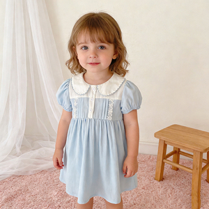 Abito da bambina da 1 a 6 anni, abito con colletto alla Peter Pan, abito a maniche corte in pizzo azzurro, abito in cotone, vestiti per compleanno per bambini - Product Image 2