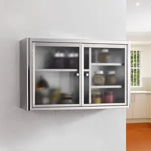 Toptan mutfak dolapları 2 kapı-Modern tasarım duvar asılı gümüş paslanmaz çelik depo dolabı kolu ile