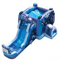 Structure gonflable combinée toboggan et château de saut sur le thème des jeux vidéo pour enfants, contrôleur de jeu, bleu/violet, PVC, capacité 6-10 personnes, usage commercial