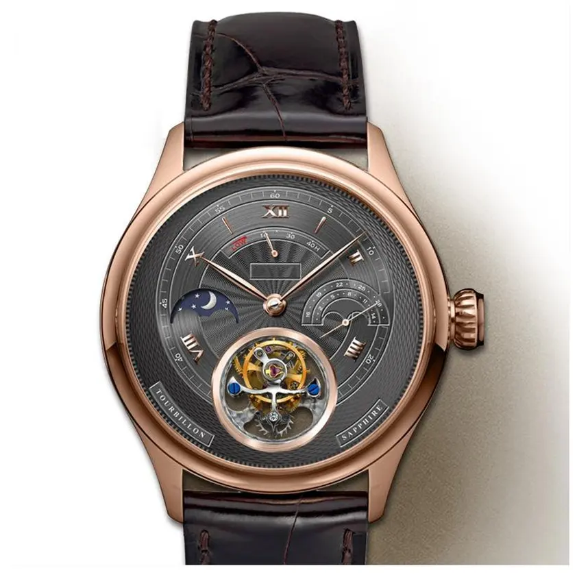 Top quality stainless steel case date moon phase power show tourbillon men mechanical business watch