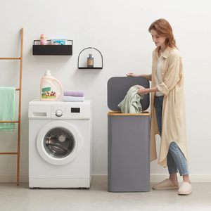 Panier à linge pliable tendance de grande capacité 100L avec couvercle, poignées en bambou, sac à linge amovible, taille et couleur personnalisables pour usage domestique - Product Image 2