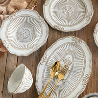 Service de vaisselle en céramique à relief baroque vintage - Assiettes et bols de style européen pour la maison