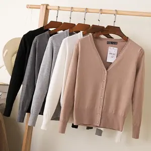 Cárdigan de punto para mujer, chaqueta de punto de Color liso para otoño e invierno, informal con cuello en v y manga larga, suéter de punto de ganchillo, Tops para mujer