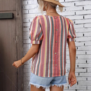 Camiseta a Rayas para Mujer, Cuello en V, Manga Corta Abullonada, Camiseta Informal a Rayas Coloridas con Detalle de Botón en la Espalda, Corte Holgado, Verano - Product Image 5