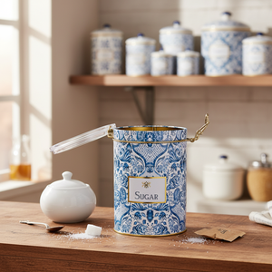 Azulejo-Inspired <b>Blue</b> White Decorative Pattern 1.1L Metal <b>Storage</b> <b>Box</b> Wire Clasp Transparent Lid Decorative <b>Storage</b> <b>Box</b> - Product Image 3