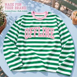 <span class=keywords><strong>Camiseta</strong></span> Dymf Personalizada de Manga Larga a Rayas de Mezclilla para <span class=keywords><strong>Mujer</strong></span>, Estilo Urbano, Cuello en Contraste, Logotipo Estampado, Uso Diario, Corte Holgado, Ecológica - Product Image 1