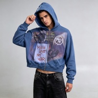 Nouveau style 2026 Sweat à capuche pour homme en coton délavé vintage, avec motif 'Make love Not War', entièrement zippé, coupe oversize à épaules tombantes, style streetwear rétro