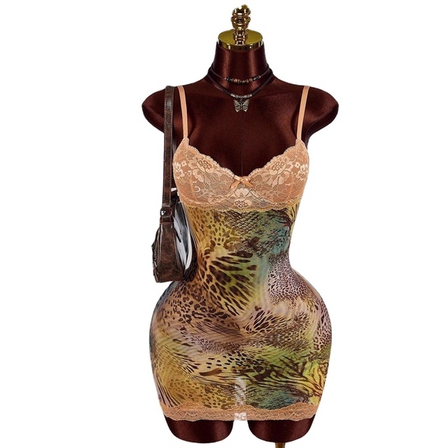 Lace Patchwork Print Dress Women Sexy Trend Low-Neck See Through Beach Vacation Party Clubwear Peach Hip Bodycon Dress