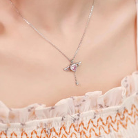 Collier pendentif en argent sterling 925 avec ailes d'ange en cristal et cœur rose Cupidon pour femme, vente en gros