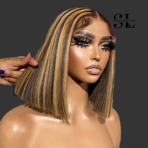 Perruques Bob Cheveux Raides avec Fermeture Frontale en Dentelle, Perruque Cheveux Humains <span class=keywords><strong>Blondes</strong></span> 613 avec Mèches, Perruque Courte Noire Personnalisable - Product Image 1