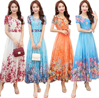 Nouvelle Robe Mi-Mollet Décontractée Coréenne Anti-Statique en Tissu Peigné à Manches Courtes Imprimé Floral Grande Taille pour Femme