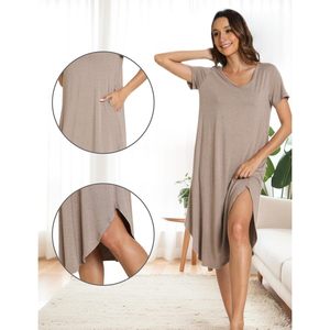 Camisón de viscosa de bambú para mujer, camisón de manga corta con cuello en V y bolsillos, camisón largo para dormir - Product Image 4