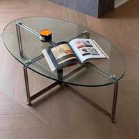 Table basse ovale en verre de style mid-century, table basse minimaliste à structure métallique pour salon