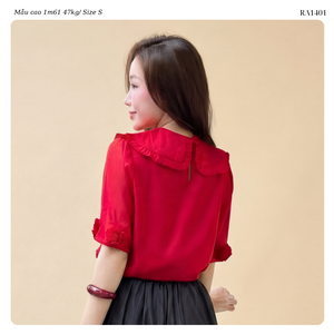 เสื้อผู้หญิงสีแดง คอปกปีเตอร์แพน แขนสั้น แต่งระบาย ผ้าฝ้ายป๊อปลิน สีพื้น สไตล์หวานๆ สำหรับฤดูใบไม้ผลิและฤดูร้อน - Product Image 2