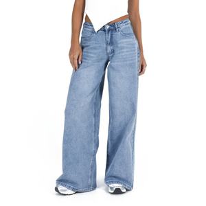 Pantalones Vaqueros Anchos de Mezclilla para Mujer, Corte Medio, Lavado Azul Claro, con Logotipo Personalizado del Fabricante - Product Image 1