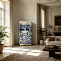 Armoire de rangement haute à 2 portes en bois massif, bleu antique, motif paysage figuratif blanc, socle doré pour la décoration de villa traditionnelle