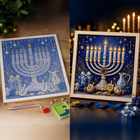 Kit de peinture diamant 5D à forage partiel Israël Hanouka, Motifs Ménorah, Dreidel, Étoile de David, Lumières de festival juif, Décoration intérieure