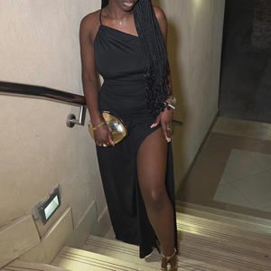 Vestido Negro Halter Sin Mangas con Espalda Descubierta, Corte Irregular y Abertura Lateral para Mujer, a la Moda - Product Image 4