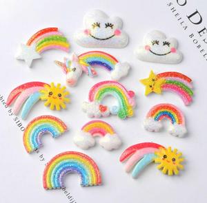 Cabochon à dos plat en résine arc-en-ciel, breloques mignonnes, étoile brillante, lune, licorne, visage souriant, nuage - Product Image 6