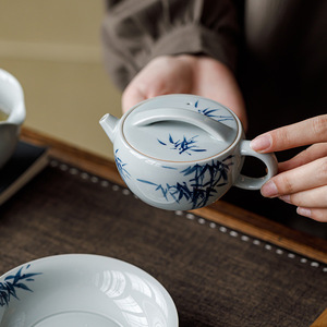 Guanlan Hand Painted Blue Bamboo Porcelain Teapot With Lid Round Shape For Kung Fu <b>Tea</b> <b>Set</b> - Product Image 2