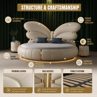 Lit rond en cuir véritable de luxe italien, style papillon, couleur crème, design de créateur, grand lit double de 2 m pour chambre principale
