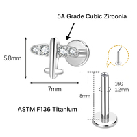 JiaXin ASTM F136 G23 Titanio Push Pin Sin Rosca para Labret, Labio, Hélix, Concha, Cartílago, con Incrustación de Corazón de Circonita Cúbica, Joyería para Piercing 16G