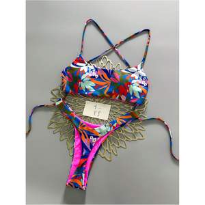ชุดบิกินี่ลายดอกไม้สไตล์โบฮีเมียนสำหรับผู้หญิง สายคล้องคอไขว้ สายสปาเก็ตตี้ ทรงเว้าสูง ชุดว่ายน้ำสองชิ้น ผ้าเนื้อยืด - Product Image 5