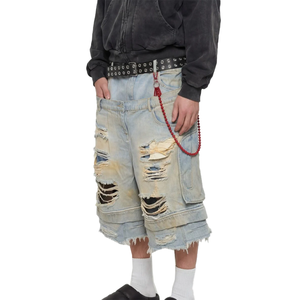 Shorts en jean pour hommes à double taille, très déchirés et usés, coupe brute, jambe large, délavé vintage, style streetwear - Product Image 3