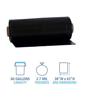 Boardwalk 60 gal 2.7 Mil Black Industrial Drum Liners Rolls 38 X 63 1 Roll of 50 <b>Household</b> <b>Trash</b> <b>Bags</b> - Product Image 1