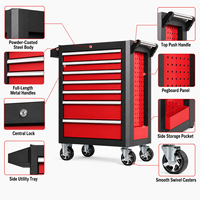 Coffre à outils à roulettes professionnel Guanpin pour garage et atelier, rouge-noir, en acier, 7 tiroirs, mobile, verrouillable, avec porte latérale battante
