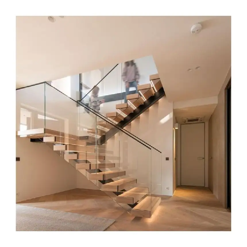 מונו stringer ישר גרם מדרגות פלדה ערכות מדרגות עם מעקה זכוכית