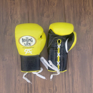 GYMSTERO No Boxing No Life Gants de boxe en cuir véritable jaune et noir de haute qualité, personnalisés, à doigts entiers, avec fermeture auto-agrippante réglable - Product Image 1