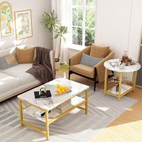 Ensemble de 2 tables basses modernes de luxe en marbre à 2 niveaux avec plateau doré pour salon