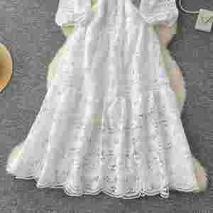 Vestido Midi Casual Vintage de Invierno 2024 para Mujer, Vestido de Encaje con Mangas Farol y Escote Redondo, Color Blanco - Product Image 3