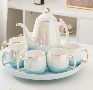 Juego de té de cerámica esmaltada real <span class=keywords><strong>Dibujo</strong></span> a mano <span class=keywords><strong>Tetera</strong></span> con borde dorado Real 4 piezas Café y té C Colección de té de la tarde en inglés - Product Image 6